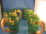 Six Green Glass Barrel Mugs With Wooden Handles