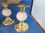 Click to view larger image of Hob Nail Milk Glass and Brass Fruit Plate and Candle Holders (Image3)