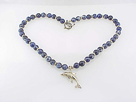 Lapis Lazuli Bead Necklace With Sterling Silver Dolphin Pendant