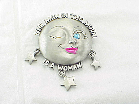 The Man In The Moon Is A Woman Brooch Signed Jj