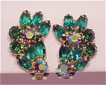 Signed Weiss Emerald Green Aurora Borealis and Emerald Green Rhinestone Clip Earrings!