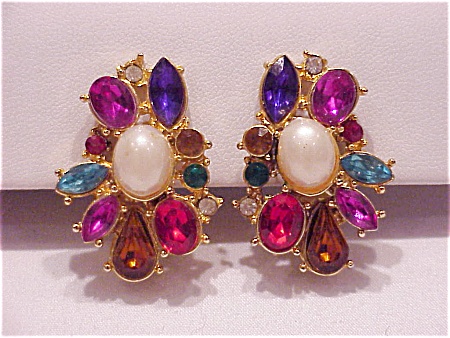 Vintage Multicolored Rhinestone And Pearl Clip Earrings