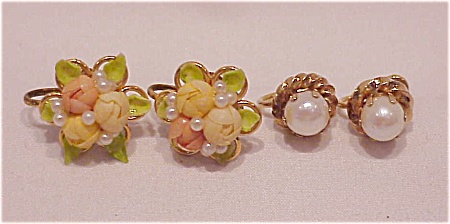 2 Pairs Vintage Screwback Earrings - Pearl, Celluloid Flowers