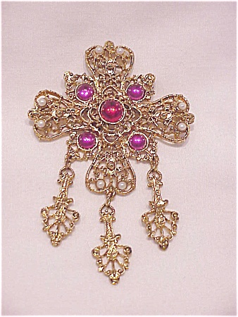 Pink And Red Rhinestone Cabachon Pearl Gold Tone Filigree Brooch