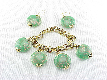 Vintage Green Confetti Lucite Bracelet And Pierced Earrings Set