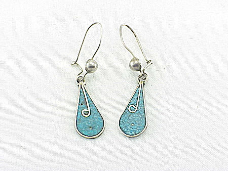Taxco Mexican Sterling Silver And Inlaid Turquoise Pierced Earrings