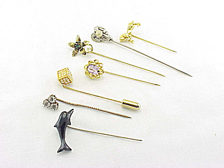 7 Vintage Stick Pins Stickpins - Black Coral, Rhinestones, Horse