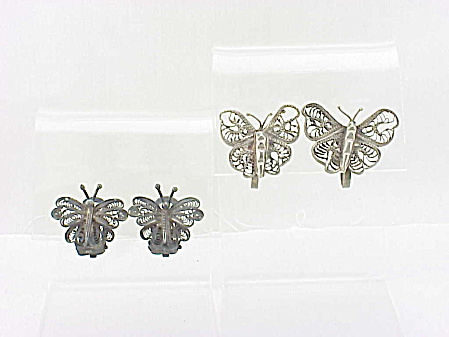 2 Pairs Vintage Sterling Silver Butterfly Earrings - 1 Signed Mexico