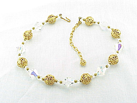VINTAGE GOLD FILIGREE BEAD AND CRYSTAL GLASS BEAD CHOKER NECKLACE ...
