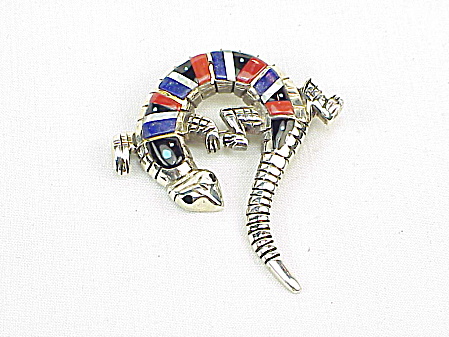 Native American Sterling Silver And Inlay Lizard Gecko Brooch Signed Td