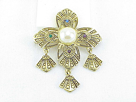 Vintage Etruscan Style Maltese Cross Brooch With Pearl And Rhinestones