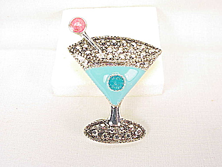 Enamel And Faux Marcasite Cocktail Martini Glass Brooch Or Pendant