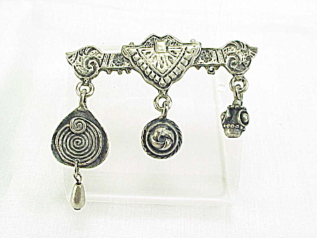 Silver Tone Brooch With Dangling Pieces Signed Charmante
