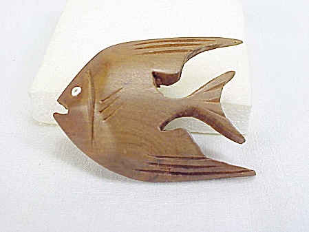 Vintage Carved Wooden Fish Brooch Pin With Glass Bead Eye