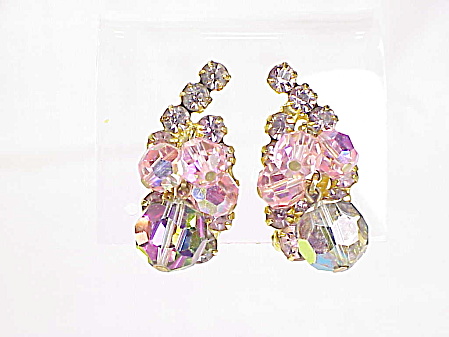 Vintage Pink Rhinestone And Dangling Crystal Clip Earrings
