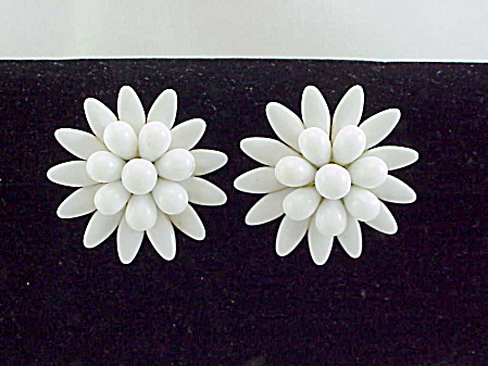 Vintage Large White Milk Glass Bead Flower Clip Earrings
