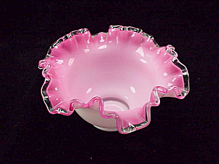 Vintage Fenton Peach Pink Silver Crest Ruffled Edge Candy Bowl Dish