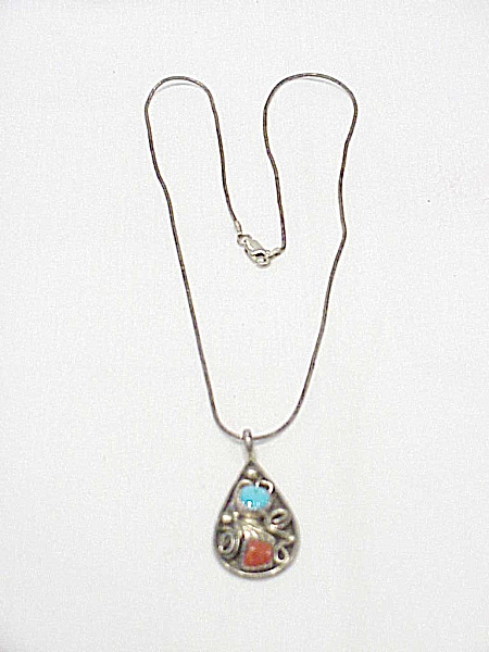 Native American Sterling Silver Turquoise Coral Pendant Necklace