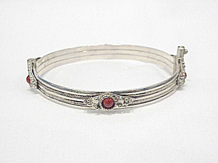 Tibetan Or Middle Eastern Silver Tone Amber Glass Bangle Bracelet