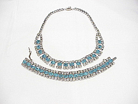 Vintage Blue And Clear Rhinestone Necklace And Bracelet Set