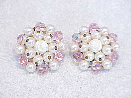 Vintage Pearl And Pink Aurora Borealis Crystal Bead Clip Earrings