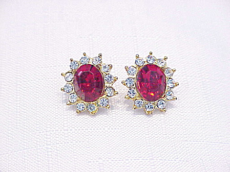 Avon Red And Clear Rhinestone Pierced Earrings