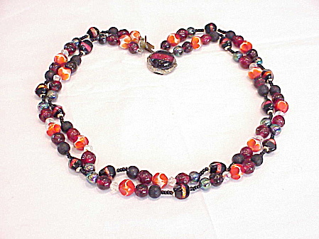Vintage Orange And Black Foil Art Glass Bead Necklace Signed Japan