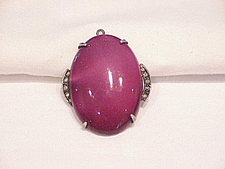 Vintage Art Deco Sterling Silver Pink Glass Stone Marcasite Pendant