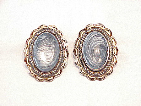 Native American Style Silver Tone Blue Enamel Clip Earrings