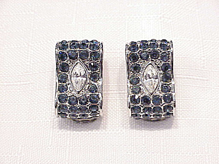 Dark Blue And Clear Rhinestone Silver Tone Clip Earrings