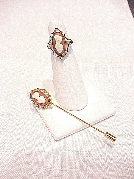 Avon Cameo And Seed Pearl Ring And Matching Stick Pin