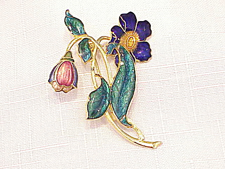 Gold Tone And Enamel Brooch Of Flowers And Leaves