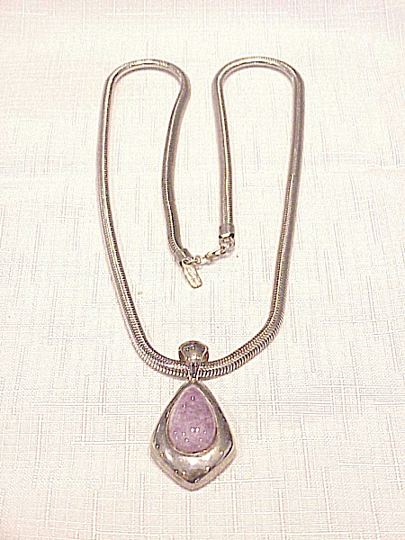 Monet Silver Tone Necklace With Amethyst Lucite Stone Pendant