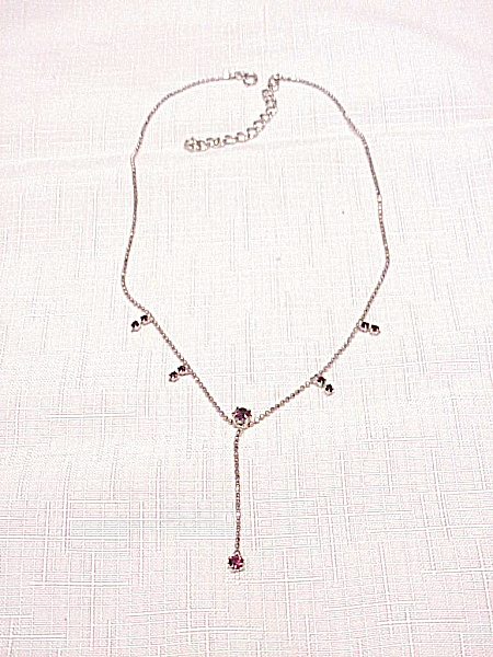 Silver Tone Lavaliere Style Necklace With Dark Amethyst Rhinestones