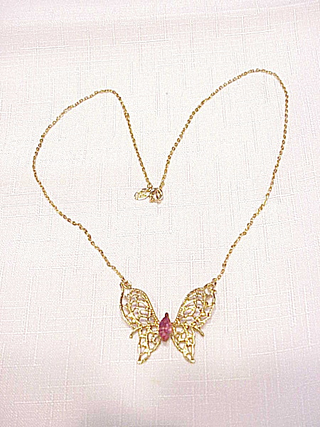 14K GE PINK RHINESTONE AND FILIGREE BUTTERFLY NECKLACE (Image1)