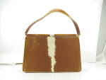 Click here to enlarge image and see more about item 103357: VINTAGE BROWN AND CREAM COW HIDE LEATHER PURSE HANDBAG WITH STRIPE