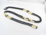 VINTAGE BLACK GLASS, PEARL AND RHINESTONE BEAD FLAPPER NECKLACE