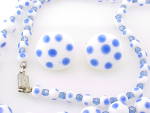Click to view larger image of VINTAGE JAPAN BLUE POLKA DOT WHITE GLASS BEAD NECKLACE & EARRINGS SET  (Image3)