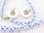 Click to view larger image of VINTAGE JAPAN BLUE POLKA DOT WHITE GLASS BEAD NECKLACE & EARRINGS SET  (Image4)