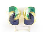 Click to view larger image of DAVID HILL LARGE BLUE AND GREEN ENAMEL CLIP EARRINGS (Image1)