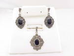 STERLING SILVER BLACK ONYX AND MARCASITE PENDANT PIERCED EARRINGS SET