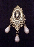 VICTORIAN OR EDWARDIAN STYLE BLACK GLASS STONE AND PEARL BROOCH