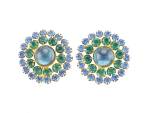 VINTAGE BLUE GLASS CABOCHON AND GREEN RHINESTONE CLIP EARRINGS