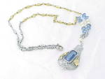 Click to view larger image of ART DECO GOLD AND SILVER TONE FILIGREE BLUE GLASS PENDANT NECKLACE (Image4)