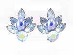 VINTAGE BLUE GLASS CABACHON AND RHINESTONE CLIP EARRINGS