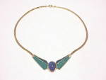 TRIFARI BLUE AND GREEN ENAMEL GOLD TONE NECKLACE WITH LUCITE STONE