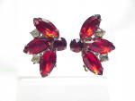 VINTAGE RED NAVETTE AND CLEAR RHINESTONE CLIP EARRINGS