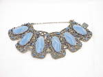 VINTAGE WIDE CHUNKY BLUE RHINESTONE AND MARBLED LUCITE BRACELET