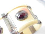 Click to view larger image of ANTIQUE WIDE BONE HORN GARNETS STERLING SILVER TRIBAL CUFF BRACELET (Image6)