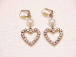Click to view larger image of DANGLING RHINESTONE AND PEARL HEART SHAPED PIERCED EARRINGS (Image1)
